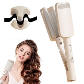 Waver Curling Iron Hair Crimper, Ionic Deep Waver Hair Curler Tool with Ceramic 3 Barrel, Fast Heating, Anti-Scald, Dual Voltage, 4 Temp Adjustable Curling Wand for Short and Long Hair (Beige)