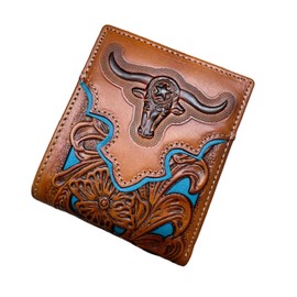 Western Stakes Mens Wallet Floral Longhorn Embossed Cowboy Western Leather Wallet High End Cut Out Layered Leather Style Mens Wallets Leather Bull Rider Rodeo Gifts For Men (Brown & Teal)