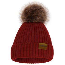 ZOORON Beanies for Womens Winter Knitted Beanies Hats with Faux Fur Pom Warm Knit Skull Cap (1Pack-Wine Red)