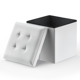 MoNiBloom Small Ottoman with Storage, 15 Inch Faux Leather Flip Top Storage Ottoman Cube Foot Rest with Hinged Lid for Living Room Bedroom, White