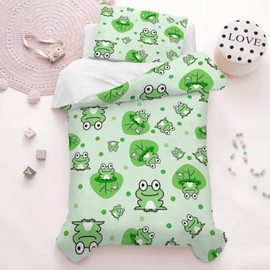 Yasida Frogs Green Bedding Single Duvet Covers Set Cute Animal Print Bedding Kids Single Bedding Set For Boys/Girls Frog Gifts Duvet Cover 135x200cm And Pillowcase 50x75cm