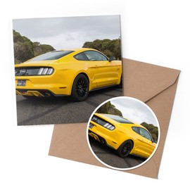1 x Greeting Card & 10 cm Round Sticker Set - Yellow Muscle Car American - Birthday Thank You Friend Lover Fan Mum Dad Kids #8580