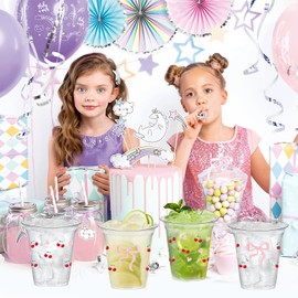 SYUCVQI 40 Pcs Cherry Plastic Cups Pink Bow Drinking Cups for Coquette Party Supplies 12oz Disposable Cup for Pink Cherry Theme Party Decorations Bridal Birthday Bachelorette Weddings Supplies