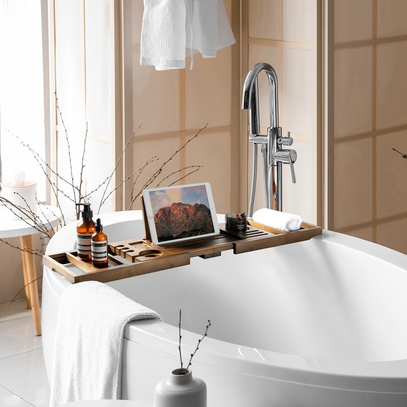 Realgulf Bamboo Bathtub Tray Caddy - Splash-Proof Adjustable (28.5-40") with