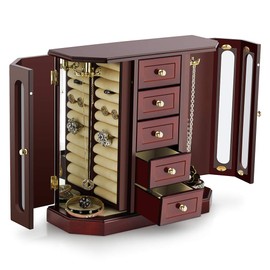 RR ROUND RICH DESIGN Jewelry Box - Made of Solid Wood with Cabinet Type 5 Drawers Organizer and 2 Separated Open Doors on 2 Sides and Large Mirror Brown