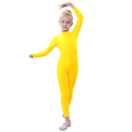Kids Girls One Piece Spandex Unitards, Long Sleeve Turtleneck Unitard, Full Body Catsuit, Dance Leotard Costumes (Yellow, M)