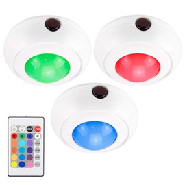 16 Color Changing Puck Light with Remote,LUXSWAY Push Lights Battery Powered, Wireless Tap Light,4 Modes Closet Light,Battery Operated Under Cabinet Light,Stick on Light for Kitchen Stairs-3 Pack