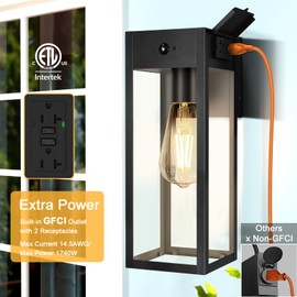 OYKYOHEI 2 Pack Large Porch Lights with GFCI Outlet, Dusk to Dawn Motion Sensor Outdoor Lights, 2 Lighting Modes Waterproof Anti-Rust Wall Sconce Lantern, Outside Light for House, 14.62 Inch