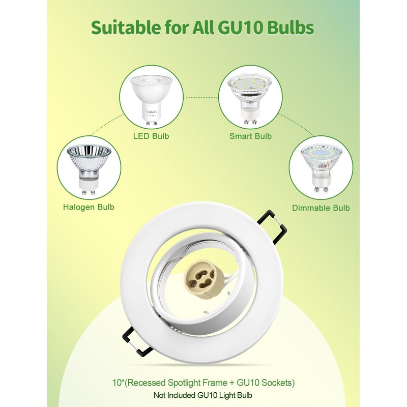 10x Modern Recessed Spotlight Frame, GU10 Recessed Lights, Includes GU10