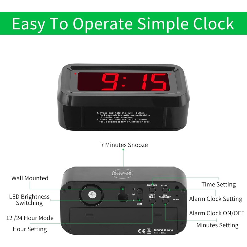 Alarm Clock, LED Digital Clock, Small Wall Clock, Battery Operated,