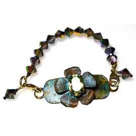 Elaine Coyne Collectible Artwear Verdigris Patina Brass Sculptural Flower Rockband Bracelet - Dark Iridescent Aurora Crystals (7)