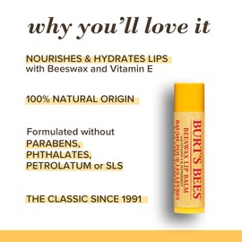 Burt's Bees Moisturizing Lip Balm for Dry Chapped Lips, Holiday Gift, Stocking Stuffer, 100% Natural Origin, Original Beeswax with Vitamin E & Peppermint Oil, 3 Tubes, Value Pack