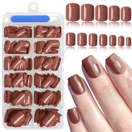 AddFavor Caramel Press on Nails Short Square Fake Nails, 240pc Short Nails Press ons 12 Sizes Squoval False Acrylic Nail Stick on Nails for Women