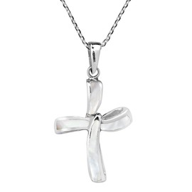AeraVida Endless Faith Infinity Cross with White Mother of Pearl Inlaid .925 Sterling Silver Pendant Necklace