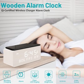 Andoolex Andoolex Wooden Digital Alarm Clock with Wireless Charging, 0-100% Adjustable Brightness Dimmer and Volume, Weekday/Weekend Mode, Dual Alarm, Snooze, 12/24H, Wood LED Clock for Bedroom (White)