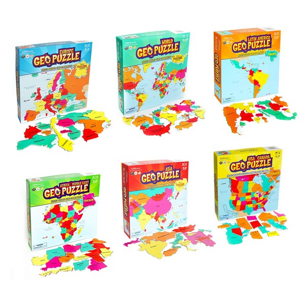 GeoToys — Set of 6 GeoPuzzles in Individual Boxes — Educational Kid Toys for Boys and Girls, 50+ Piece Geography Jigsaw Puzzles, Jumbo Size Kids Puzzles — Ages 4 and up
