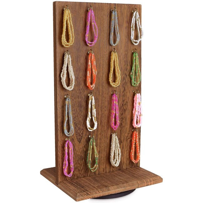 Ikee Design Wooden Rotating Two-Sided Jewelry Display Stand, Rotating Organizer with 32 Hooks for Store, Earring Display with Hooks, KeyChain Display, Brown color, 9"W x 7.5"D x 16.5"H