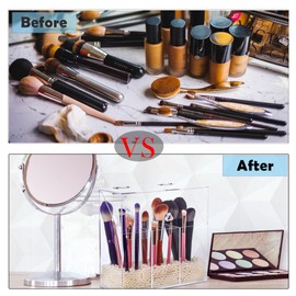 LOHRYVIO Acrylic Makeup Brush Holder with Lid - Clear Cosmetic Make up Brush Organizer and Storage Box with Dustproof Cover for Vanity - Large Capacity 3-Slots Container for Brushes (White)