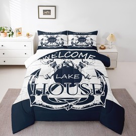Castle Fairy Lake House Themed Comforter Set Queen Size,Nautical Anchor Go Boating Fishing Bedding Set for Women Adult,Rustic Wooden Board Stripes Luxury Bed Duvet Insert, 2 Pillowcases