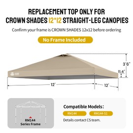 CROWN SHADES 12x12 Canopy Replacement Top - Only Compatible with Crown Shades RM144 Series, Silver Coated with Air Vent, Khaki (Top Only)