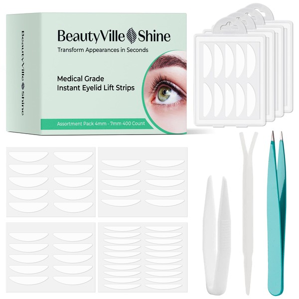 BeautyVille Shine Eyelid Tape - 400 Count of Double Eyelid Lifter Strips for a Dramatic, Surgery-Free Instant Eye Lift, Suitable for Uneven or Monolids, Say Goodbye to Hooded, Droopy Lids, (BVS01)