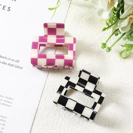 2Pcs Checkered Hair Clips-Small Rectangle Multicolored Claw Barrettes - Strong Hold Y2K Hair Accessories for Thin and Thick Hair(Purple Black)