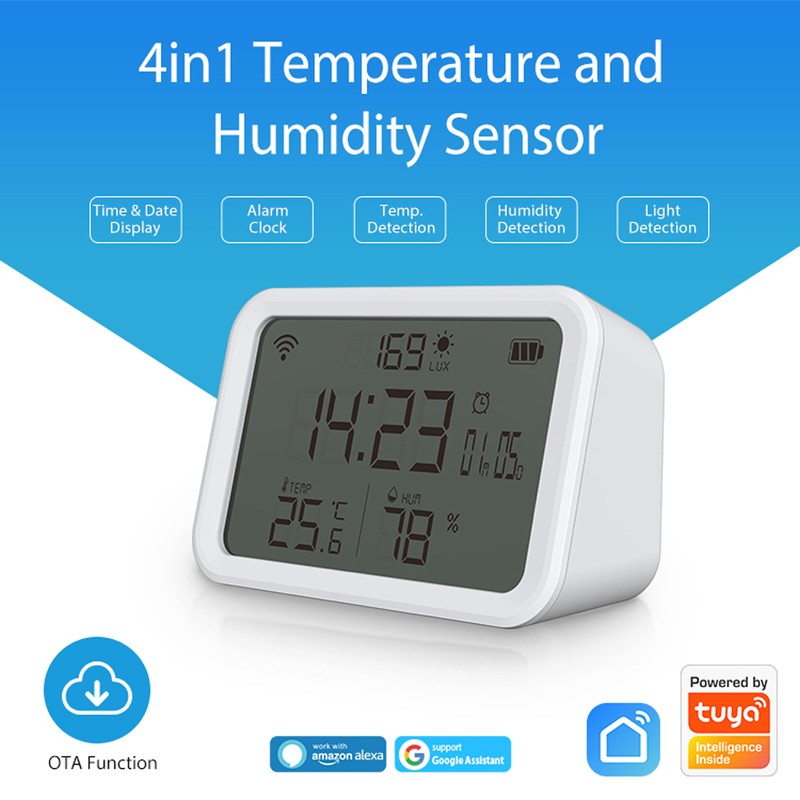 Tuya WiFi Temperature Humidity Light Detection Alarm Clock 4 In