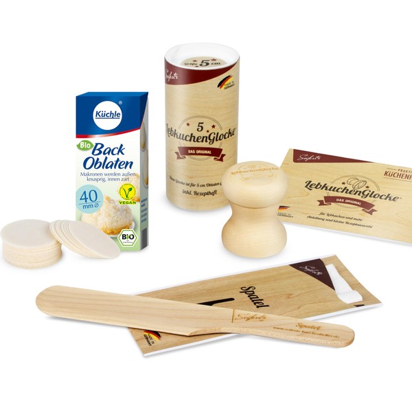 Backen Baking Set for Children and Adults with Seifert's Gingerbread Bell Made of Maple Wood 4 cm and Küchle Baking Wafer Sheets Organic & Vegan Size 40 mm & Baking Spatula Macaroons, Gingerbread &