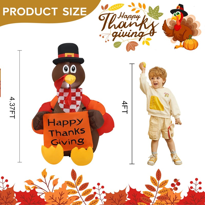 InfleasJoiy 4 FT Pull Banner Turkey Thanksgiving Inflatable Decoration with