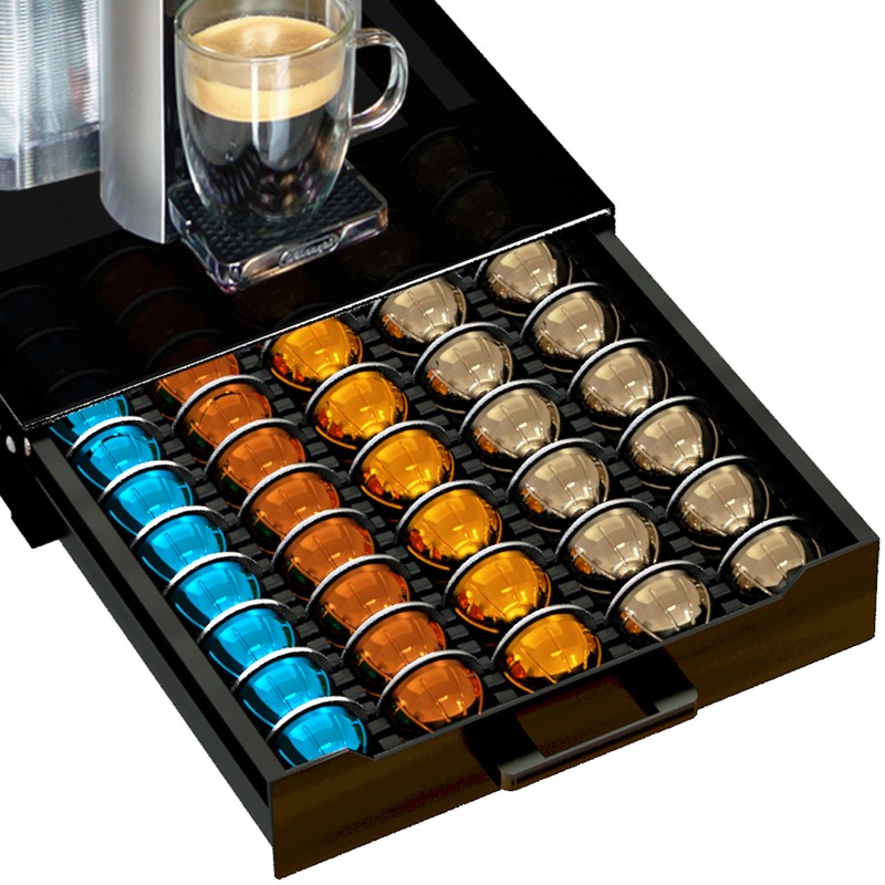 Vertuo Pod Holder Drawer with Deluxe Black Tempered Glass Top,
