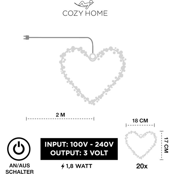 CozyHome 20 LED Heart Light Wreath with Plug - Warm