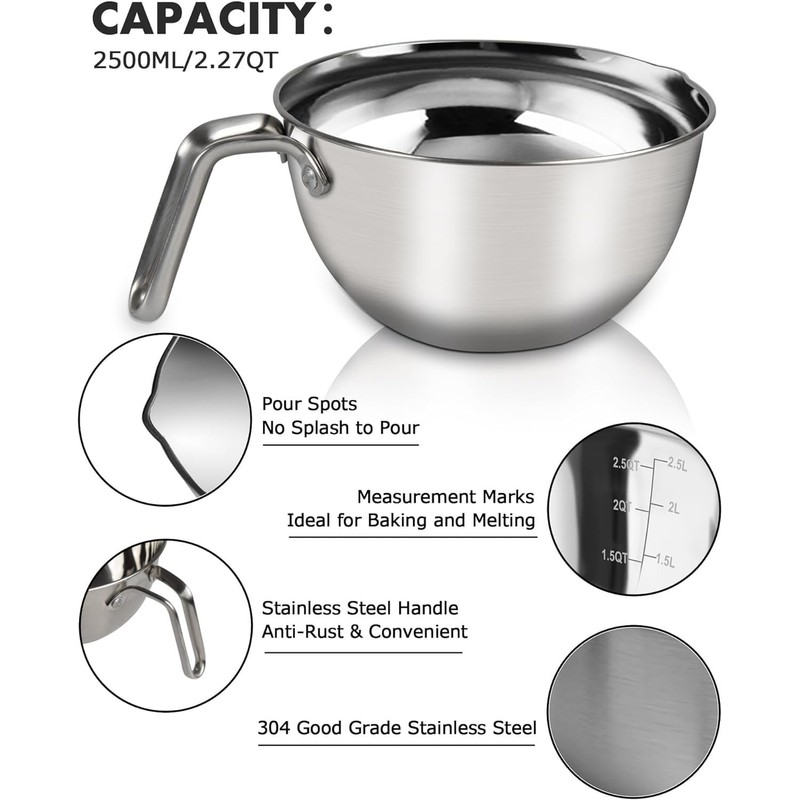 Marsheepy Double Boiler Pot Set, 2500ML（2.3QT） Mixing Bowl for Chocolate