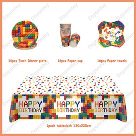 Building Block Party Tableware, Doyomtoy 16 Guests Building Block Birthday Decoration Baby Birthday Cups Napkins Tablecloth for Children Party Decoration Baby Shower Pack of 49