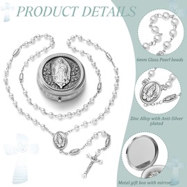 Jadive 12 Sets Catholic Rosary Necklace 6mm Glass Pearl Beaded Necklace with Metal Gift Box for Women Men Prayer Gift (Silver)