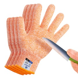 Numjot Cutting Gloves, Food Grade Level 5 Protection, Safety Kitchen Cut Gloves for Oyster Shucking, Fish Fillet Processing, Mandolin Slicing, Meat Cutting and Wood Carving. (Orange-Large 2 Pairs)