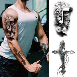 Realistic Cross Wing Temporary Tattoo for Men, Large Half Sleeve Black Religious Holy God Jesus Fake Tattoo Tribal Adult Teen, Christian Pray Hand Temp Tatoo Sticker Arm Chest Body Art Makeup, 8-Sheet
