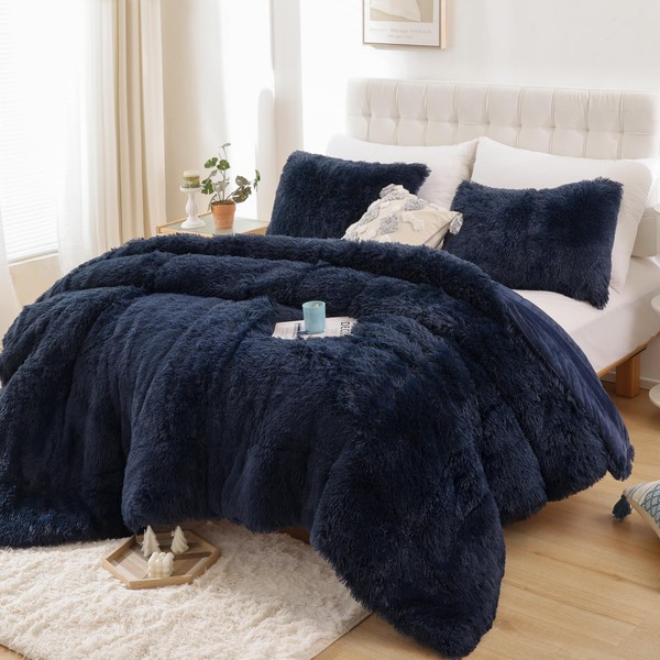 Smoofy Faux Fur Navy Blue Comforter Set Queen Size 3Pcs