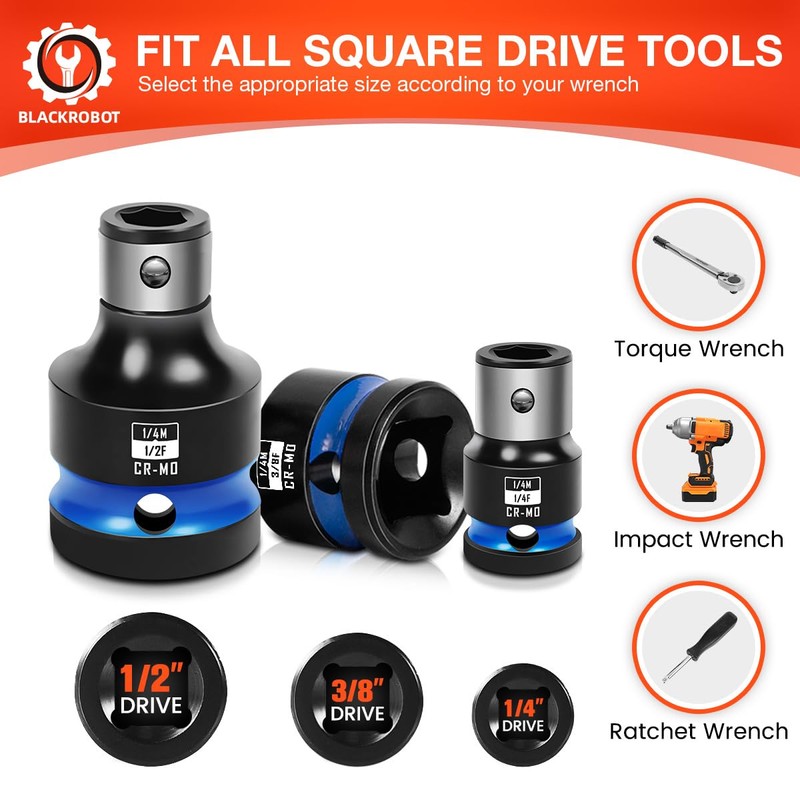 BLACKROBOT 3PCS Impact Bit Holders 1/2 3/8 1/4-Inch Square Drive