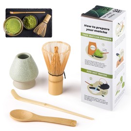 4 Piece Matcha Kit, Matcha Whisk, Macha Tea Set with Matcha Spoon, Whisk Holder, Bamboo Matcha Whisk, Matcha Accessories Traditional Japanese Tea Ceremony Best Gift for Matcha Lovers, Mesh Green