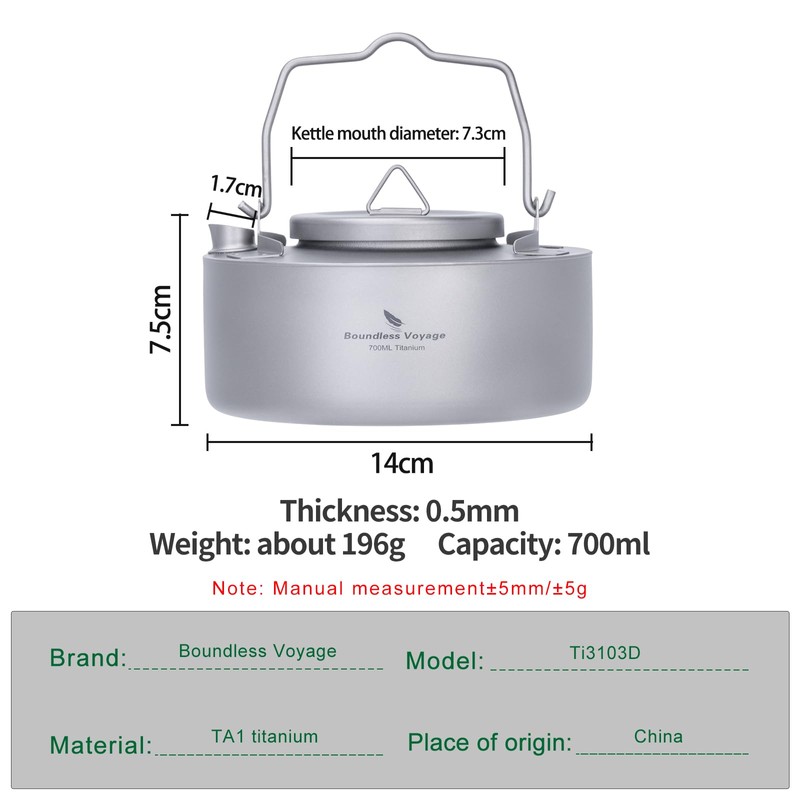 Boundless Voyage Titanium 700ML Kettle with Inner Fliter Folding Handle
