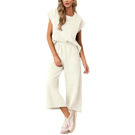 AGSEEM Summer Outfits for Women White Crop Sleeve Lounge Cropped Pants Sets Beachwear Trendy Airport Travel Clothes 2025,S