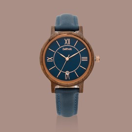 Zeitholz Wooden Watch Women, Wooden Watch, Gifts, Analog Watch, Date, New Rosenbach Collection 36mm, Natural Wood, Japanese Quartz Movement, Leather Strap. (Blue)
