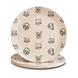 Nook Theory 4 Pack Reusable Bamboo Plates - Non-Toxic Toddler and Kids Plate, Dishwasher Safe, Not Microwavable Dinnerware (Catdog 8")