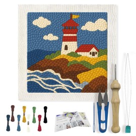FREEBLOSS 9.4" x 9.4" Lighthouse Punch Needle Kits DIY Framed Punch Needle Craft Kit for Beginners with Complete Tools, Yarn, and Instructions