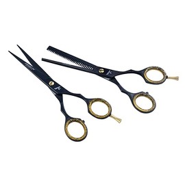 REX Professional Barber Hairdressing Scissors Set Salon Hair Cutting Thinning Scissors Shears J2 Steel Black and Gold 6" (Black)