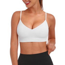 Buauty V Neck Sports Bra for Women, Padded Push up Women's Sport Bras Adjustable Thin Straps, Light Support Yoga Camisole Basic Top, Low Impact Spaghetti Strap Sport Racerback Bras White M