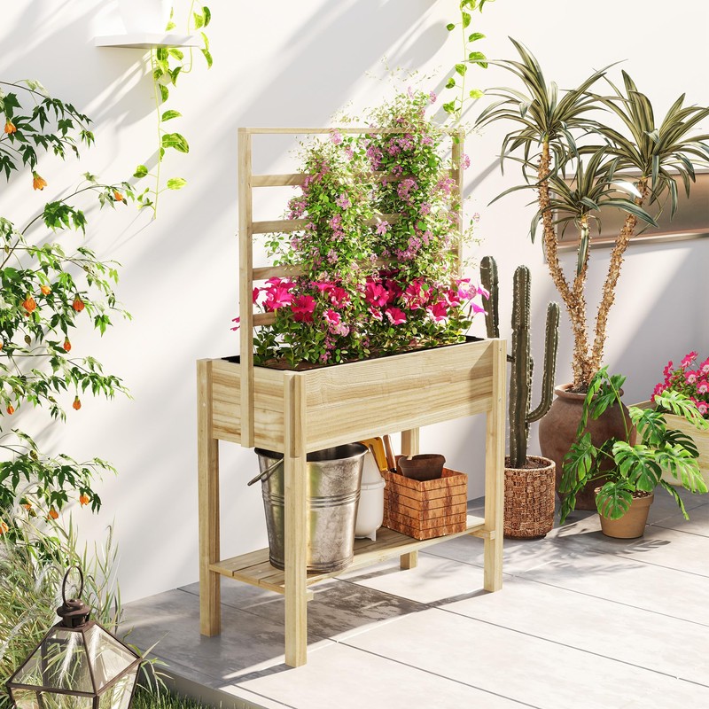 Outsunny Wooden Raised Garden Bed with Trellis, Elevated Planter Box