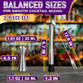 3 Pcs Muddler for Cocktails Set - Bar Muddler Tool with Sturdy Head, Versatile Cocktail Spoon & Jigger, Easy to Use & Clean, Stylish Rust-Resistant Stirring Tool - Bar Tools for Drinks Mixing