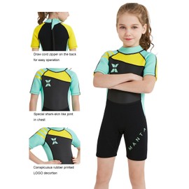 DIVE & SAIL Kids 2.5mm Warm Wetsuit One Piece UV Protection Shorty Suit (Green, XXL(Height 50’’-54’’))