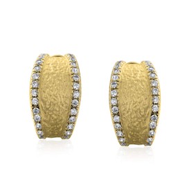 Matte Hammered Shrimp Half Hoop Earrings For Women Cubic Zirconia Pave Edge CZ Accent Gold Plated Stabilizing Omega Clip